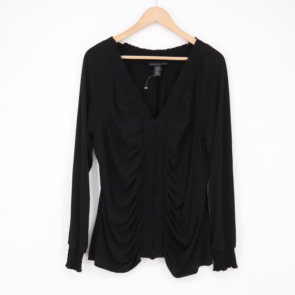 Attention Blouse Womens XXL Ruched Front Black V-Neck Smocked Cuff Excellent